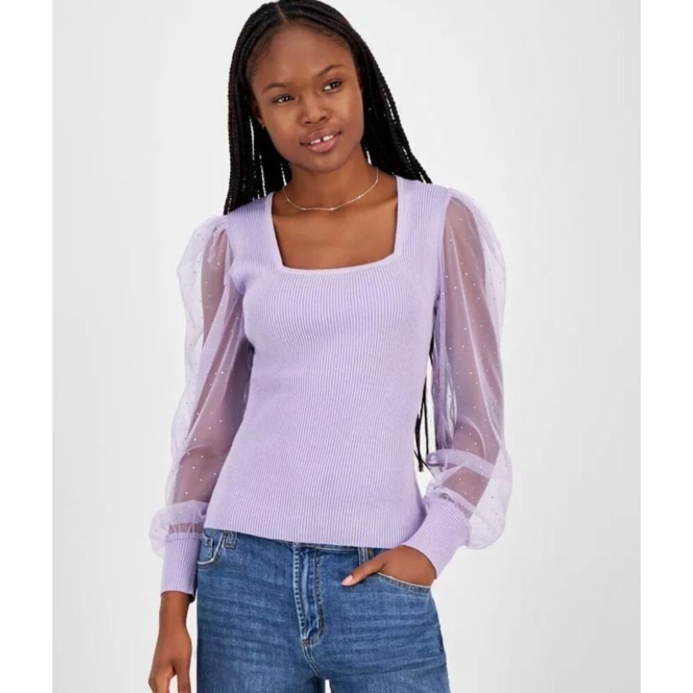 Madden Girl Juniors’ Square‑Neck Rhinestone‑Mesh Sleeve Sweater Lavender NWT